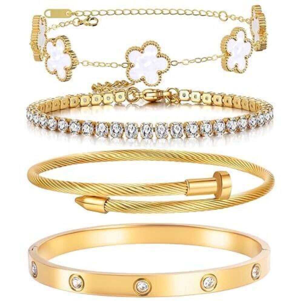 4181 18K Gold Plated Stackable Floral Gold Clover Bracelets Set Love Bangle